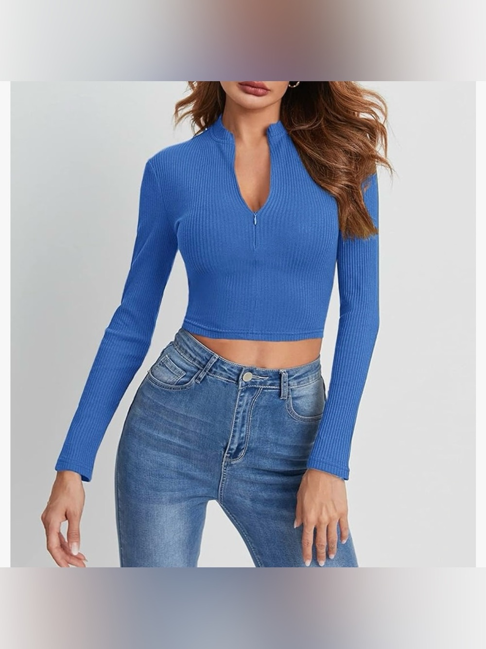SHEIN Bright Blue Ribbed Zip-Front Cropped Top